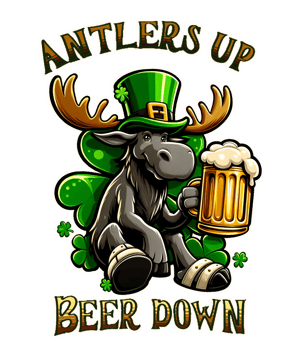 a moose moose with a beer in a green hat