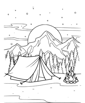 Kleurplaat van een landschap met een tent