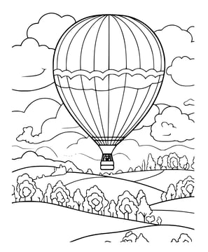 Kleurplaat van een landschap met een luchtballon