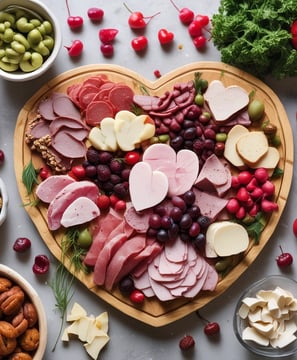 A charcuterie board featuring an assortment of sliced cured meats, including salami and prosciutto, alongside sliced cheese, pickled peppers, small meatballs, and onions. The arrangement creates a visually appealing display on a wooden board.