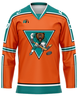 Custom ice hockey jersey #2 front – Orange/Teal sublimation on top polyester fabric | Realm Hawk