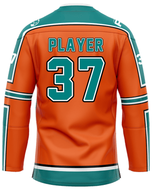 Custom ice hockey jersey #2 back – Orange/Teal sublimation on top polyester fabric | Realm Hawk
