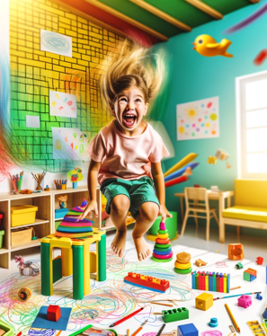 Girl representing hyper activity ADHD going crazy in colourful playroom