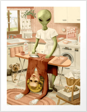 funny painting representing a female alien in a retro style kitchen ironing a woman