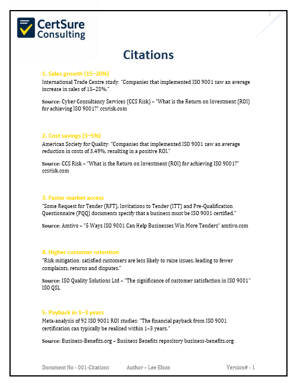 Preview of citations document listing ISO 9001 cost-benefit sources