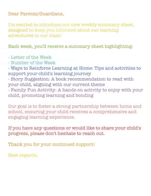 Letter to send home to parents, introducing a learning plan