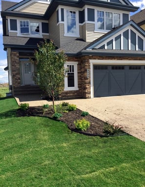 a house with beautiful new front lawn  and a flower bed with trees and brushes next to the driveway