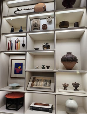 Display cases in the donated items room