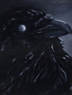  Dark painting of a crow, with white eyes.