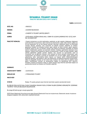 Cheepet E-Ticaret Limited Şirketi’ne ait resmi faaliyet belgesi. Şirketin yasal olarak tescilli oldu
