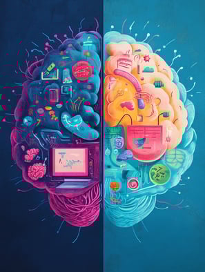 a brain map of a brain and a laptop