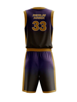 Custom basketball jersey mockup #2 back – Purple/Gold sublimation on polyester fabric | Realm Hawk