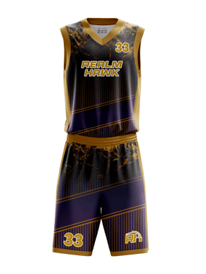 Custom basketball jersey mockup #2 front – Purple/Gold sublimation on polyester fabric | Realm Hawk