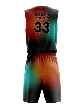 Custom basketball jersey mockup #1 back – Teal/Orange sublimation on polyester fabric | Realm Hawk
