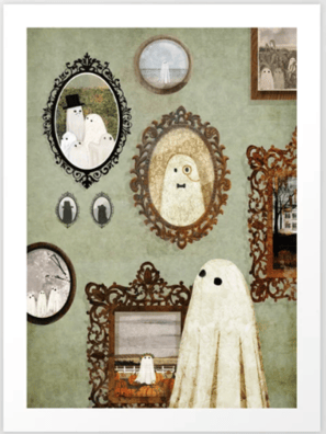 a cute retro drawing of a ghost standing in front of a gallery wall