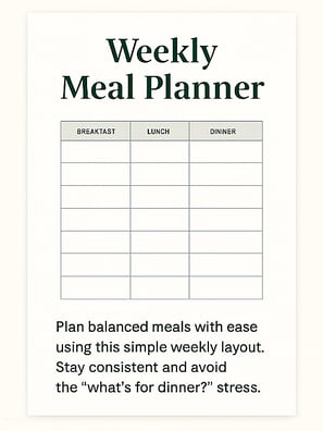 Thumbnail of a printable weekly meal planner with clean layout for organizing breakfast, lunch, and dinner meals.