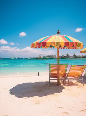 a beach with chairs and umbrellas on the sand