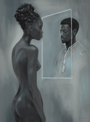 a woman standing in front of a mirror