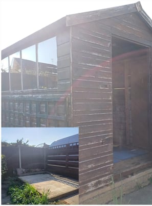before and after picture of a shed having been taken down using our demoltion service in tolladine