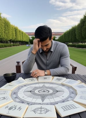 a man sitting at a table with a compass on it