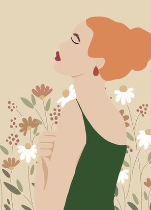 a woman with red hair and a green dress