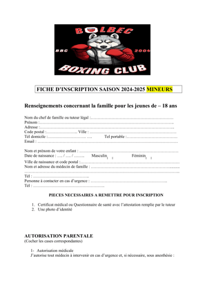Image de la fiche d'inscription pour les mineurs, disponible à télécharger