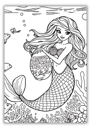 Mermaid Happy Easter Coloring Pages