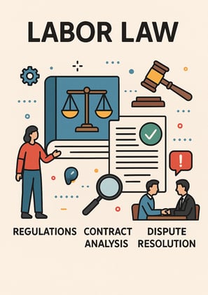 Illustration of labor law services. At the top, the title reads 'Labor Law.' In the center are icons