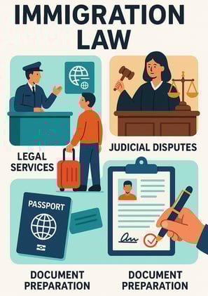 Illustration of immigration law services. At the top, the title reads 'Immigration Law.' Four servic