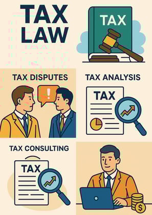 Illustration representing tax law services. The top section reads 'Tax Law' and features a law book