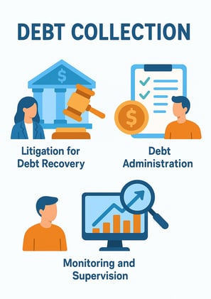 Illustration representing debt collection services. The title at the top reads 'Debt Collection.' Be