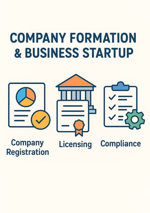 Illustration representing company formation and business startup services. The title at the top read