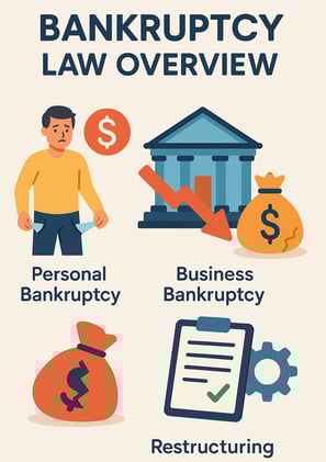 Illustration showing an overview of bankruptcy law. The title reads 'Bankruptcy Law Overview.' The i