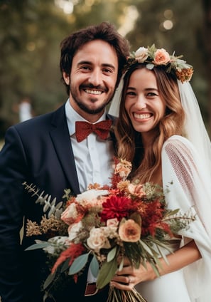 a bride and groom standing in a field