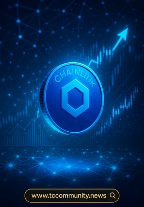 Futuristic digital illustration featuring a glowing blue Chainlink (LINK) coin surrounded by interconnected data streams and 