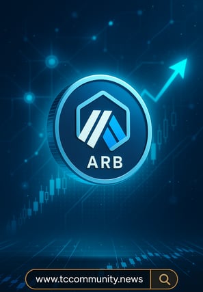 A dynamic digital artwork showing an Arbitrum (ARB) coin floating in a futuristic blockchain setting with glowing network nod