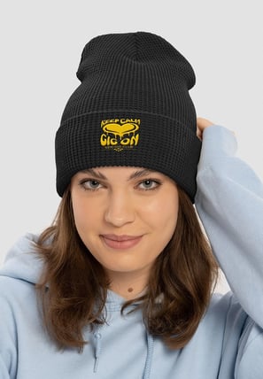 keep calm gig on, side-gig collection, white heart design, vivid calm designs, waffle knit beanie
