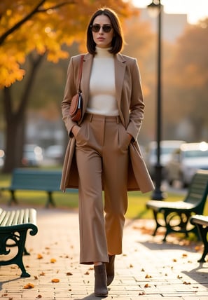 Golden leaves and layered neutrals—this look is autumn’s quiet reply to chaos. Wrapped in cream cash