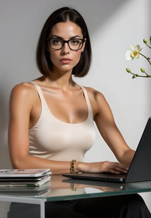 Vivienne Vale sits at a modern glass desk wearing a pearl silk tank and black trousers, typing on a