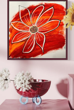 original painting white flower black outline, red background