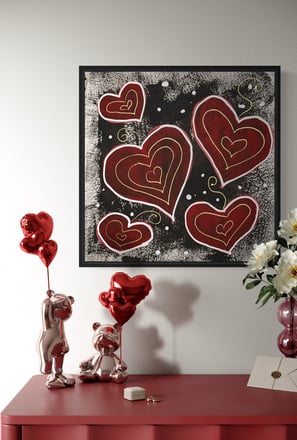 original painting of red hearts in grunchy black background