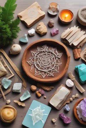 An arrangement of mystical and spiritual items on a soft white fabric. A notebook with intricate designs featuring an eye symbol, alongside a tarot card depicting a seated figure. A wooden incense holder, a crystal, and a small bottle of essential oil or perfume are nearby. A decorative stone with black patterns and a bundle of dried herbs rest on a small black dish. A woven fabric with sun and moon designs is draped in the background.