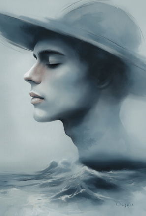 a man in a hat over waves