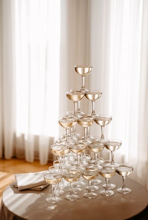 Luxurious champagne tower at wedding reception, crystal glasses in classic pyramid design