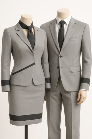 Dos maniquies, con trajes de auxiliar de vuelo, uno de hombre y otro de mujer. Trajes de chaqueta