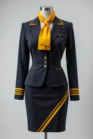 Traje de azafata azul marino con motivos amarillos, puesto en un maniquí con fondo blanco