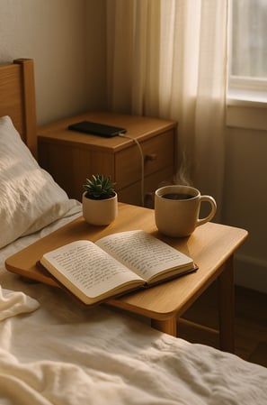 a book and a cup of coffee on a bed