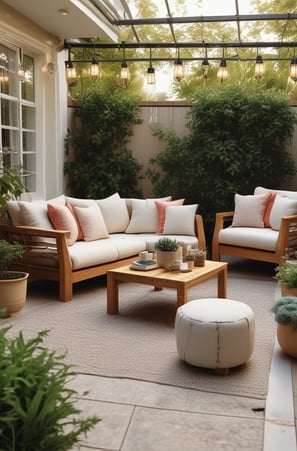 A well-decorated showroom with modern outdoor furniture including wicker chairs and tables, a sofa with cushions, and a carpeted floor. There's a mix of neutral and blue colors in the furnishings, along with decorative bird cages and potted plants. The large windows with white curtains allow plenty of natural light to brighten the space.