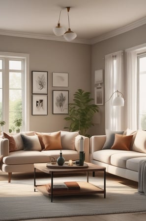 A spacious, well-lit showroom filled with a variety of modern and classic furniture pieces. There are several sofas, armchairs, coffee tables, and dining tables arranged in a cozy and inviting manner. The decor includes vases, cushions, and artistic pieces, and the color scheme is neutral with pops of color from accessories. Large windows in the background provide ample natural light.