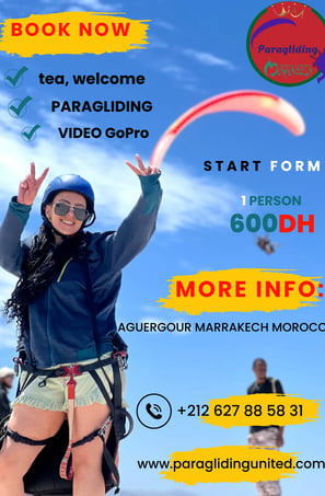 An image of a girl promoting a paragliding offer (Price: 600 DH, logo, address, and website)